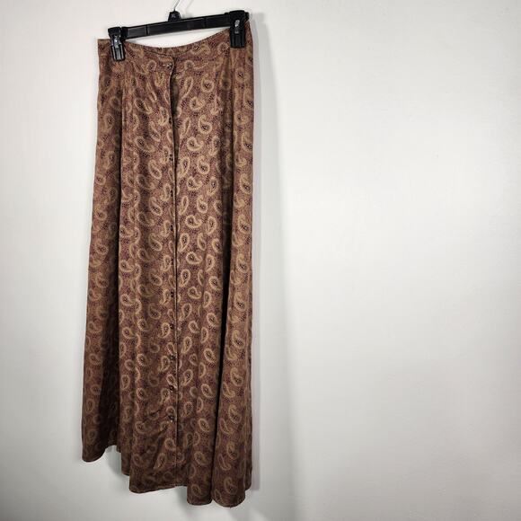 Woolrich Womens Long Maxi Skirt Medium Camel Purple Paisley Rayon Button Front - Picture 5 of 10